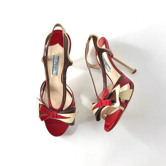 Prada S2012 Flame Red Patent Leather Bow Hotrod Strappy Heeled Sandals 36.5 - Picture 2 of 9